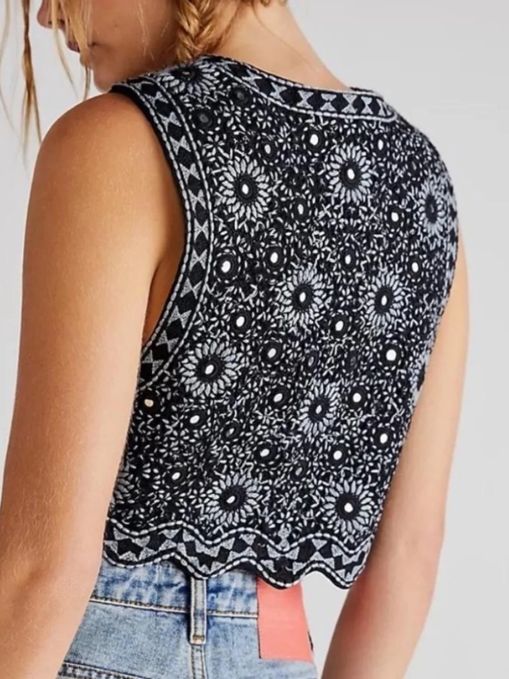 Free People Black & Gray Crochet Floral Crop Top